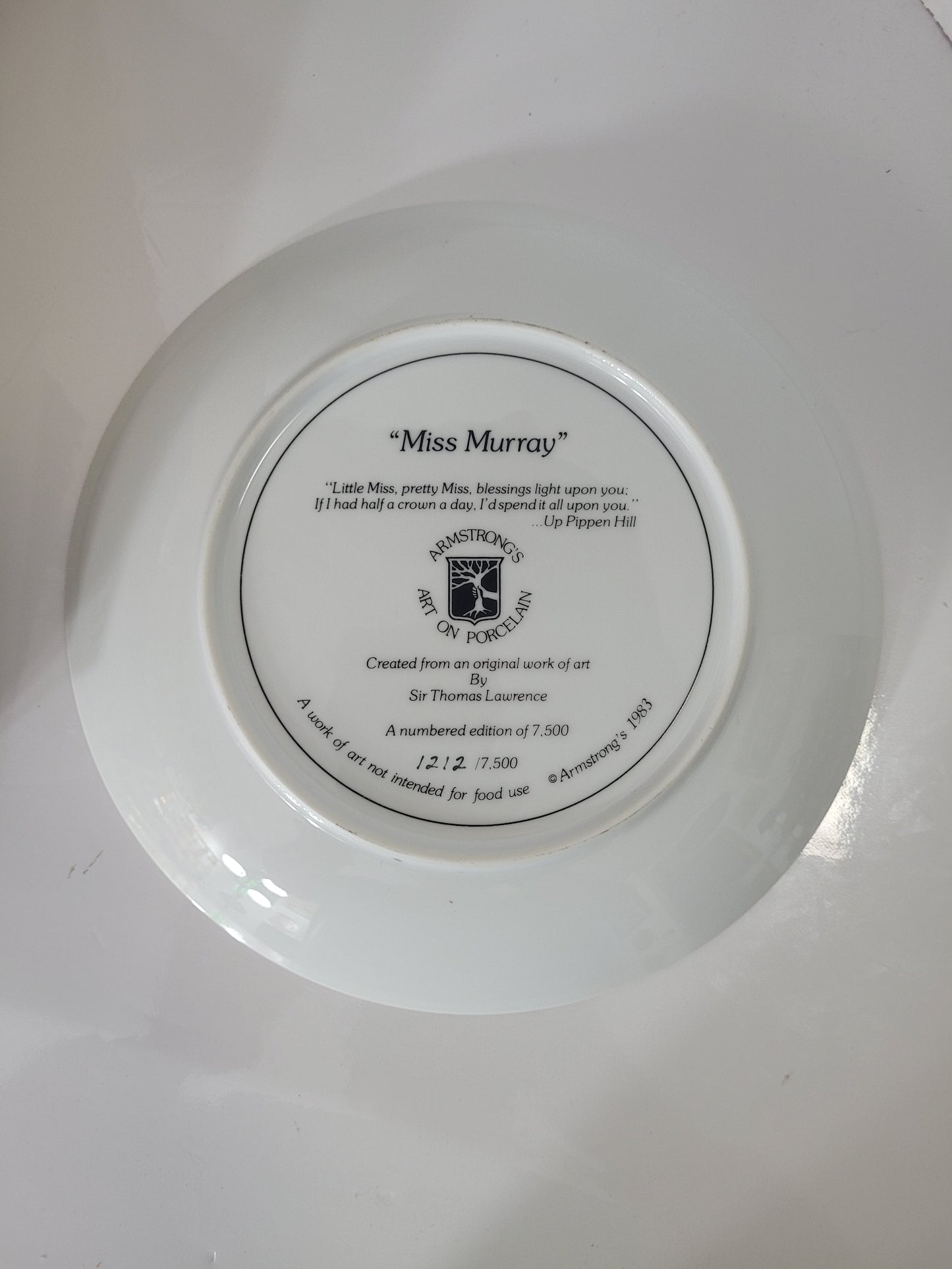 Armstrong’s “Miss Murray” Limited Edition Collector Plate – 1983 – No. 1212/7500