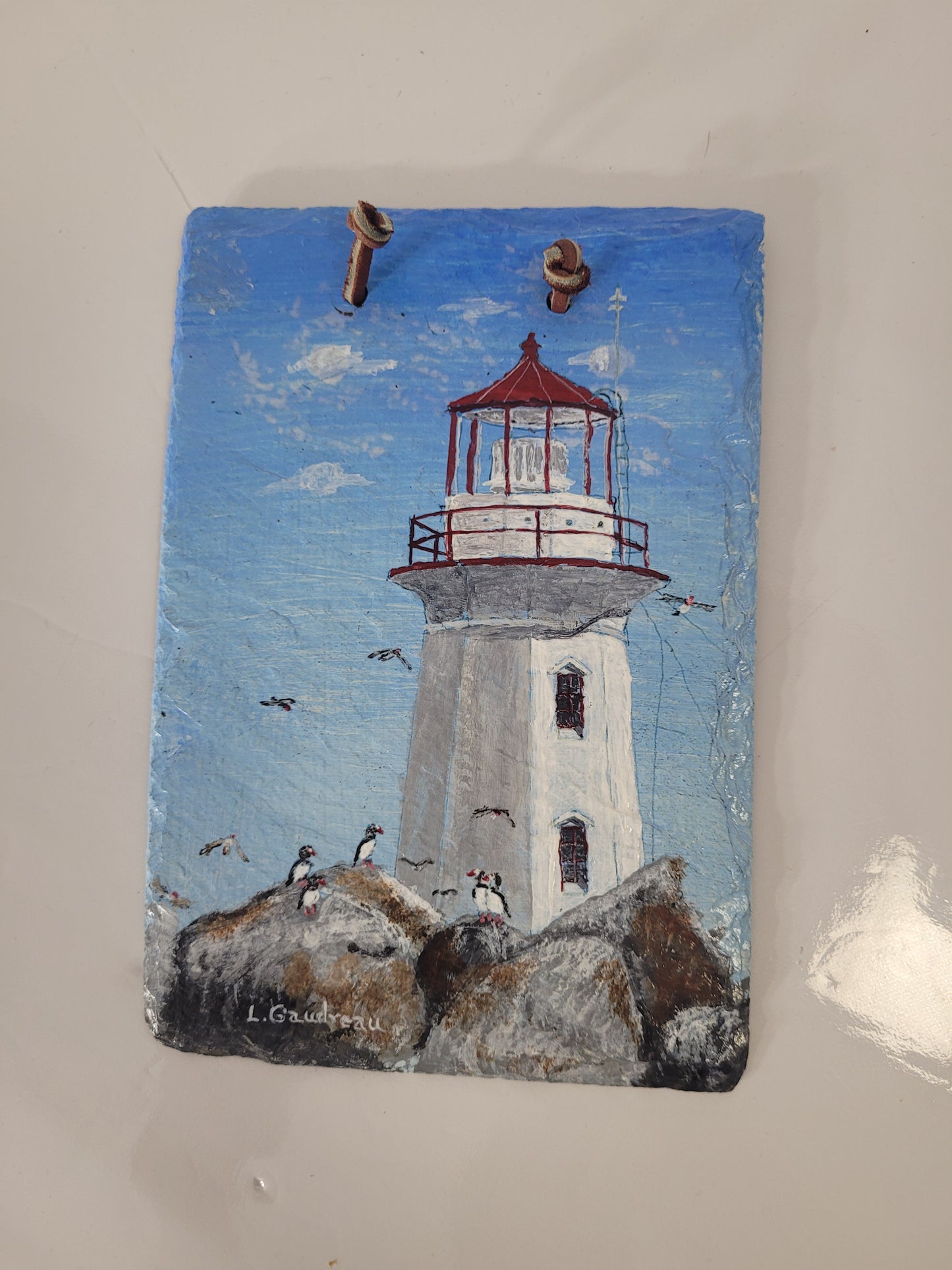 Hand-Painted Machias Seal Island Lighthouse & Puffins Slate Wall Art – Signed L. Gaudreau