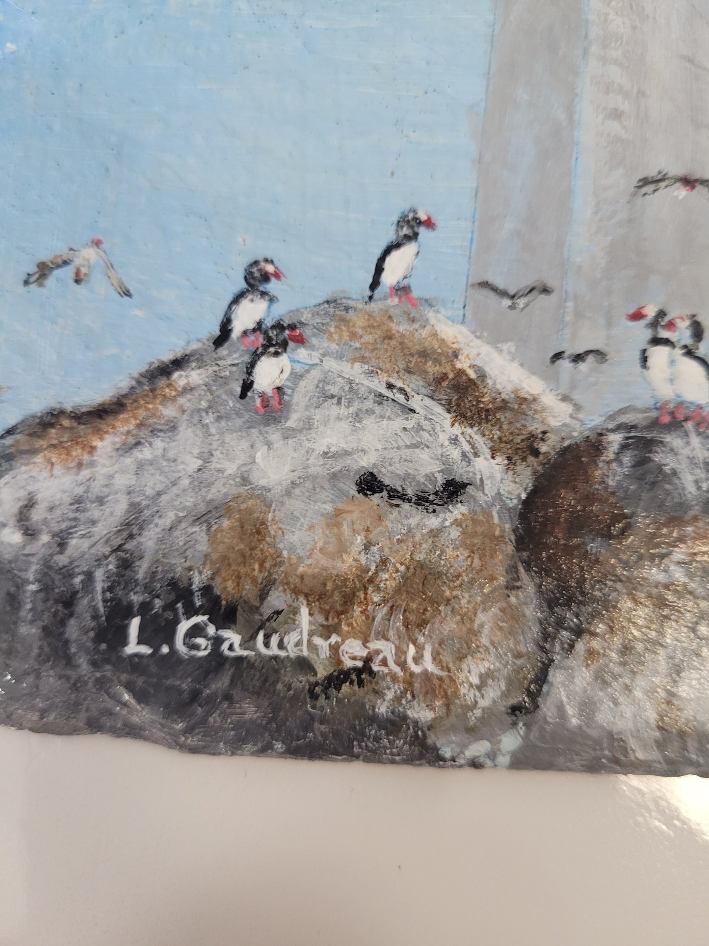 Hand-Painted Machias Seal Island Lighthouse & Puffins Slate Wall Art – Signed L. Gaudreau
