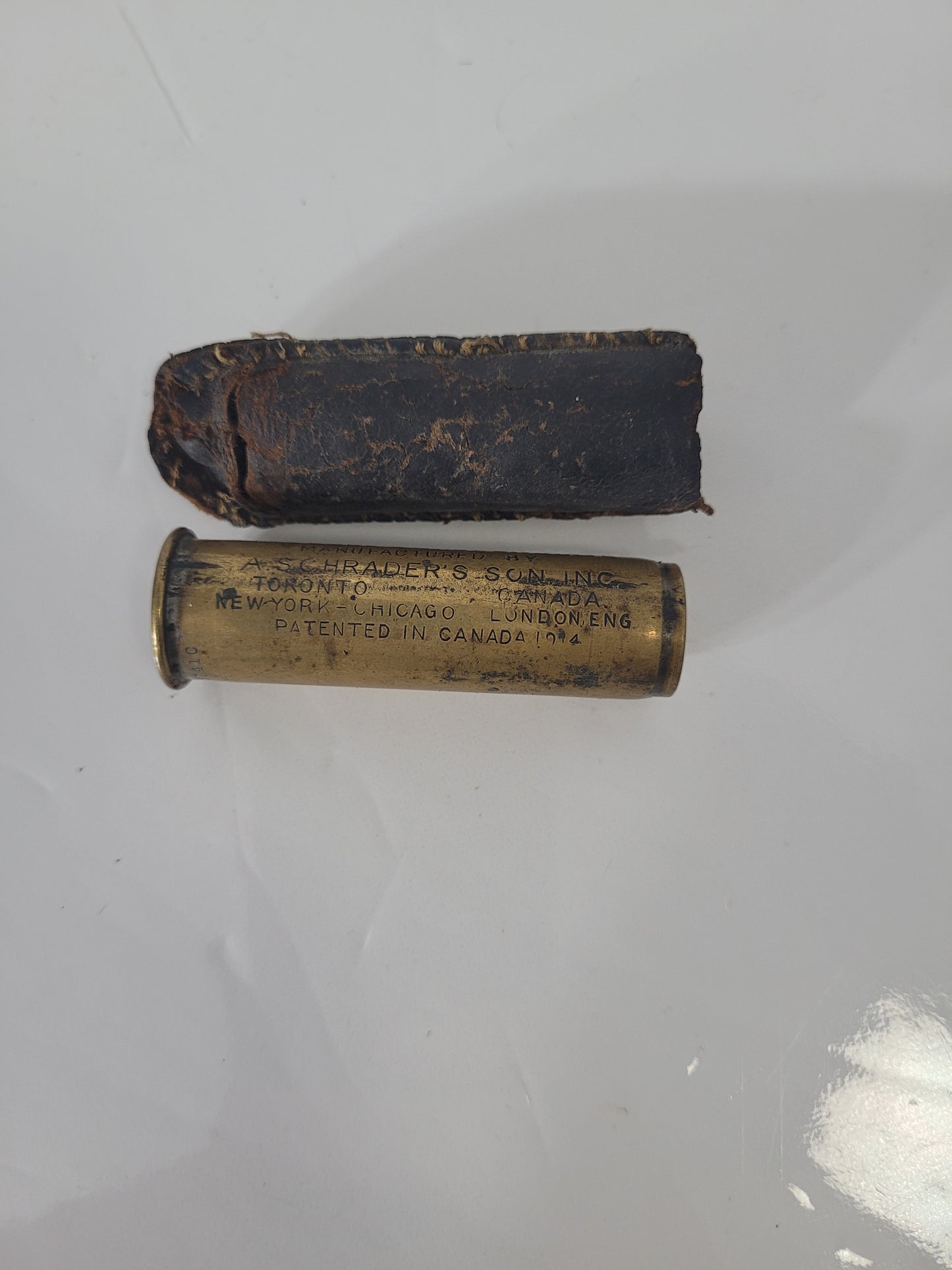 Antique Schrader-Universal Tire Pressure Gauge with Original Leather Case