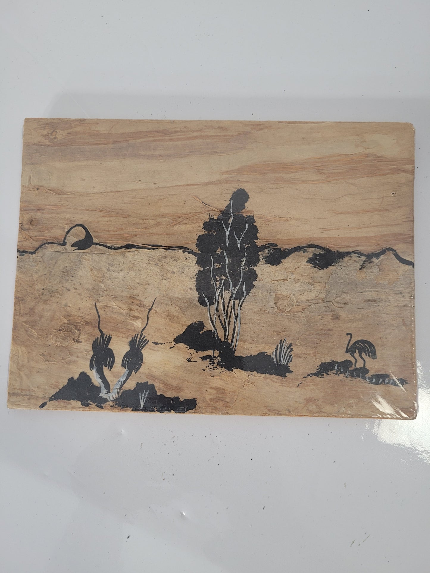 Vintage Australian Bark Art Landscape – Emu & Outback Scene – 8" x 6"