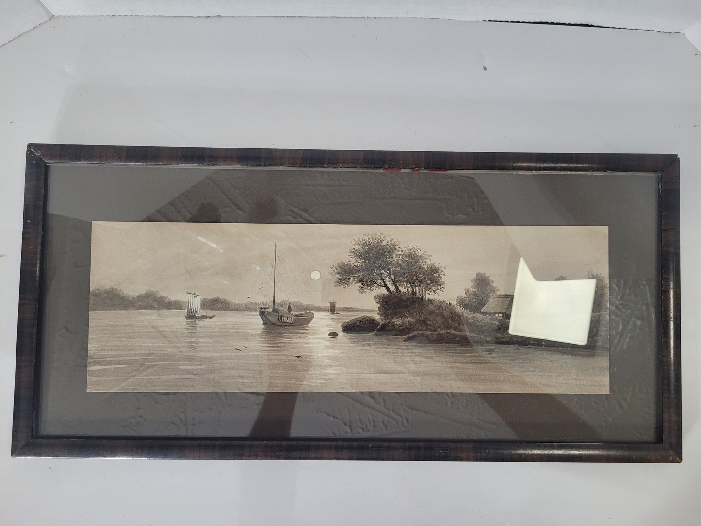 Vintage Framed Harbour Sailboat Landscape Print – 18.5" x 9"