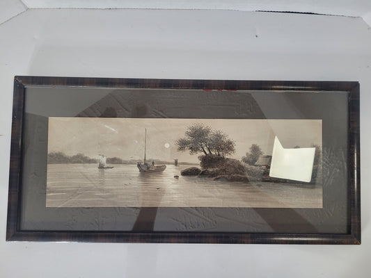Vintage Framed Harbour Sailboat Landscape Print – 18.5" x 9"