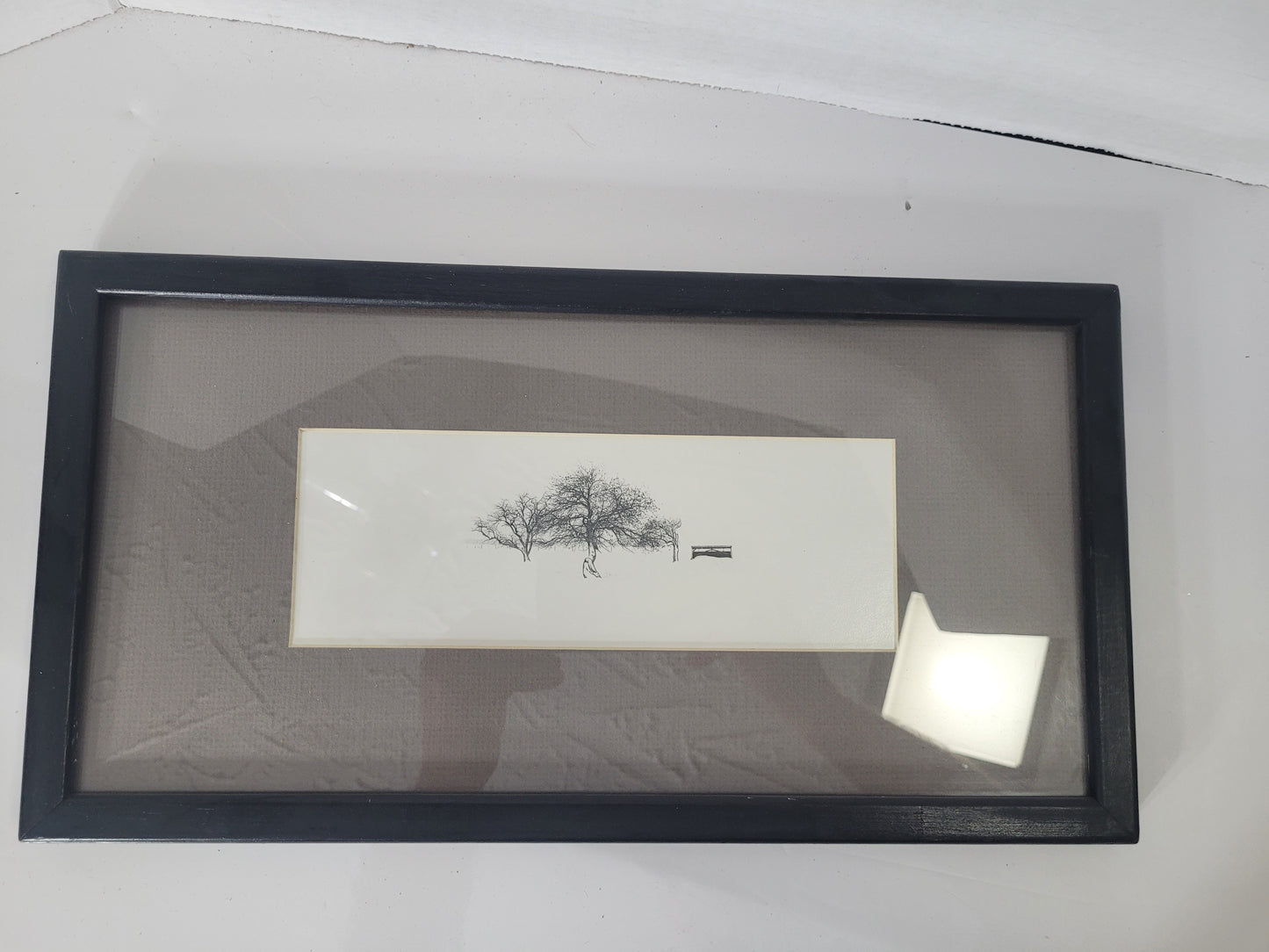 Vintage 1974 Signed Minimalist Tree Landscape Drawing – Framed – 16.5" x 9"