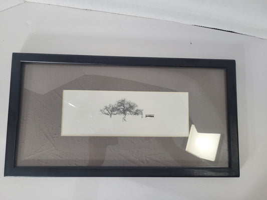 Vintage 1974 Signed Minimalist Tree Landscape Drawing – Framed – 16.5" x 9"
