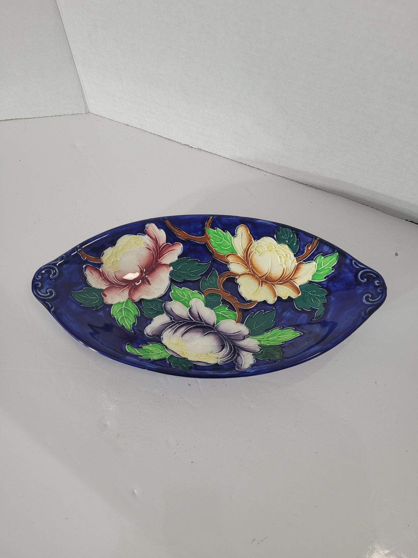 Vintage Maling Newcastle-on-Tyne Cobalt Blue Floral Oval Dish – England – 10.25"