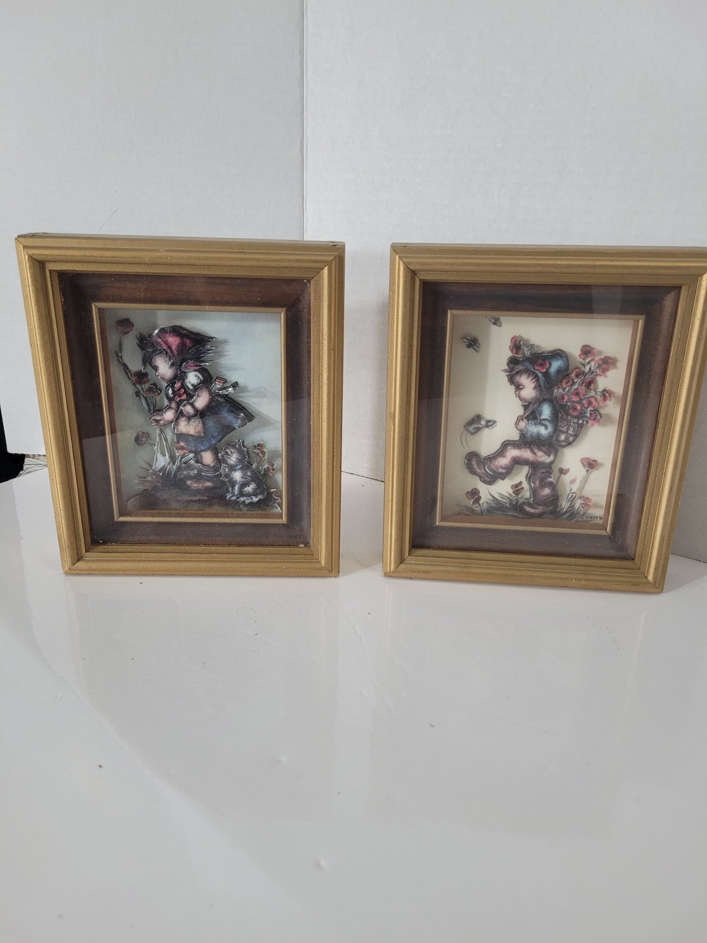 Pair of Vintage Framed Children Prints – Hummel-Style – 6.25" x 7.25"