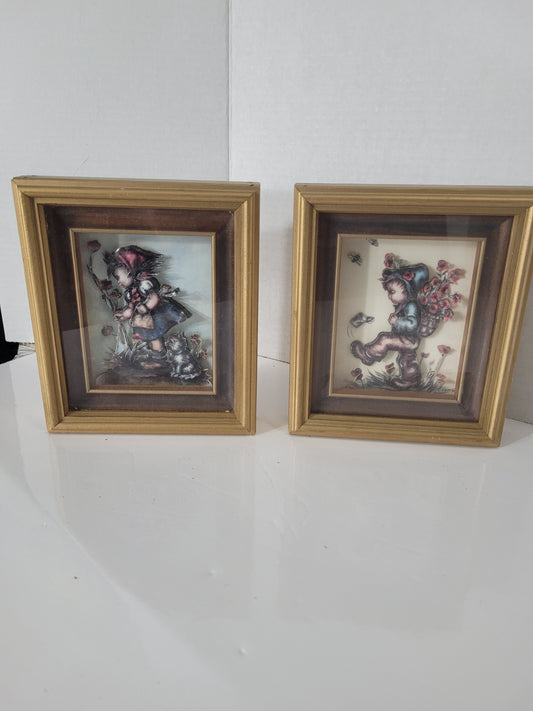 Pair of Vintage Framed Children Prints – Hummel-Style – 6.25" x 7.25"