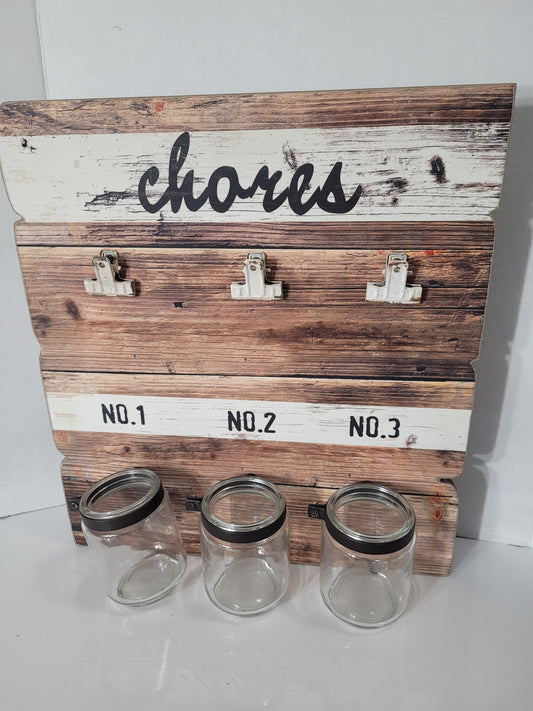 Rustic “Chores” Wall Organizer with 3 Glass Jars – 15" x 17"