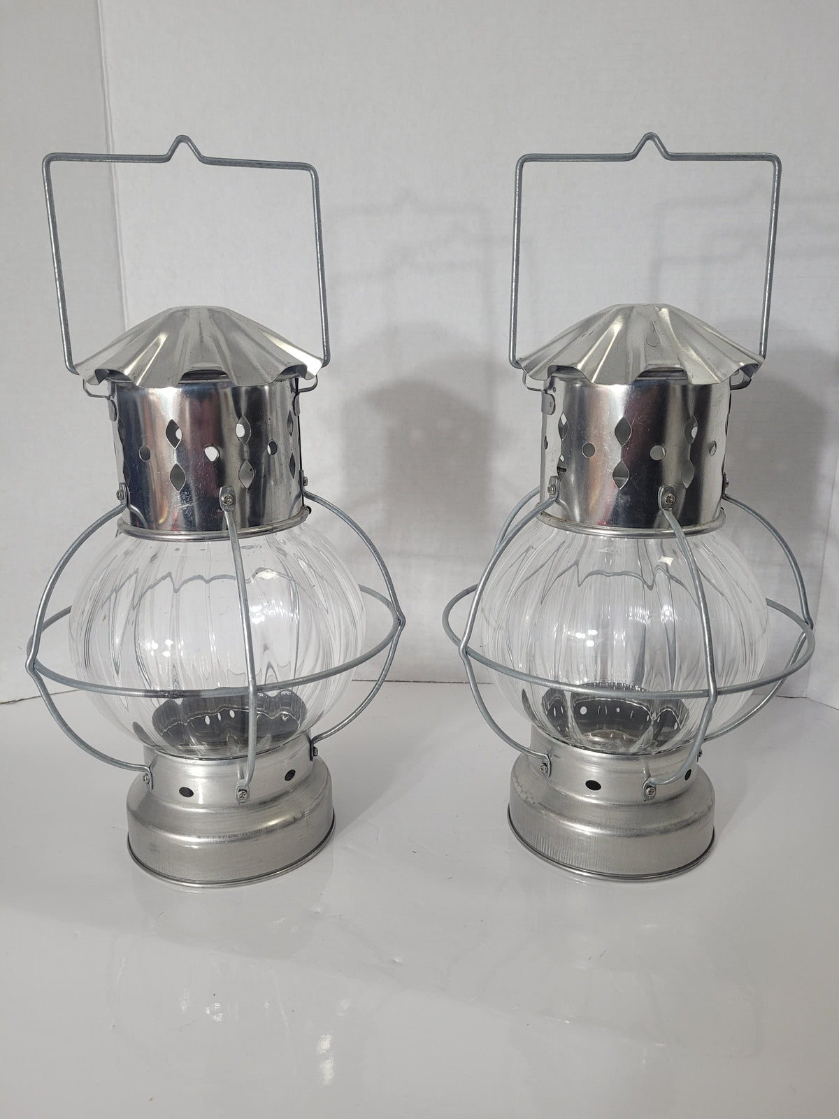 Vintage-Style Tin & Glass Lanterns – Matching Pair – 14" Tall