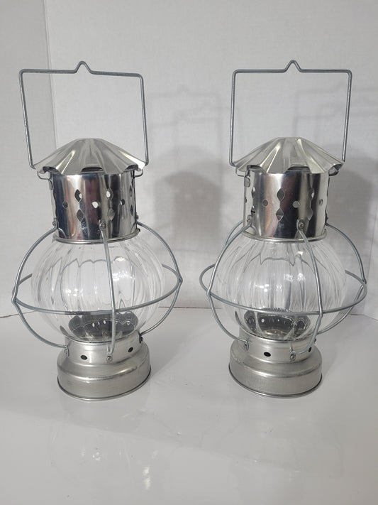 Vintage-Style Tin & Glass Lanterns – Matching Pair – 14" Tall