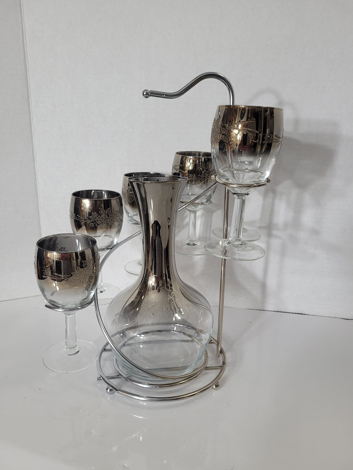 Vintage Silver Floral Decanter & 6 Goblets with Chrome Caddy