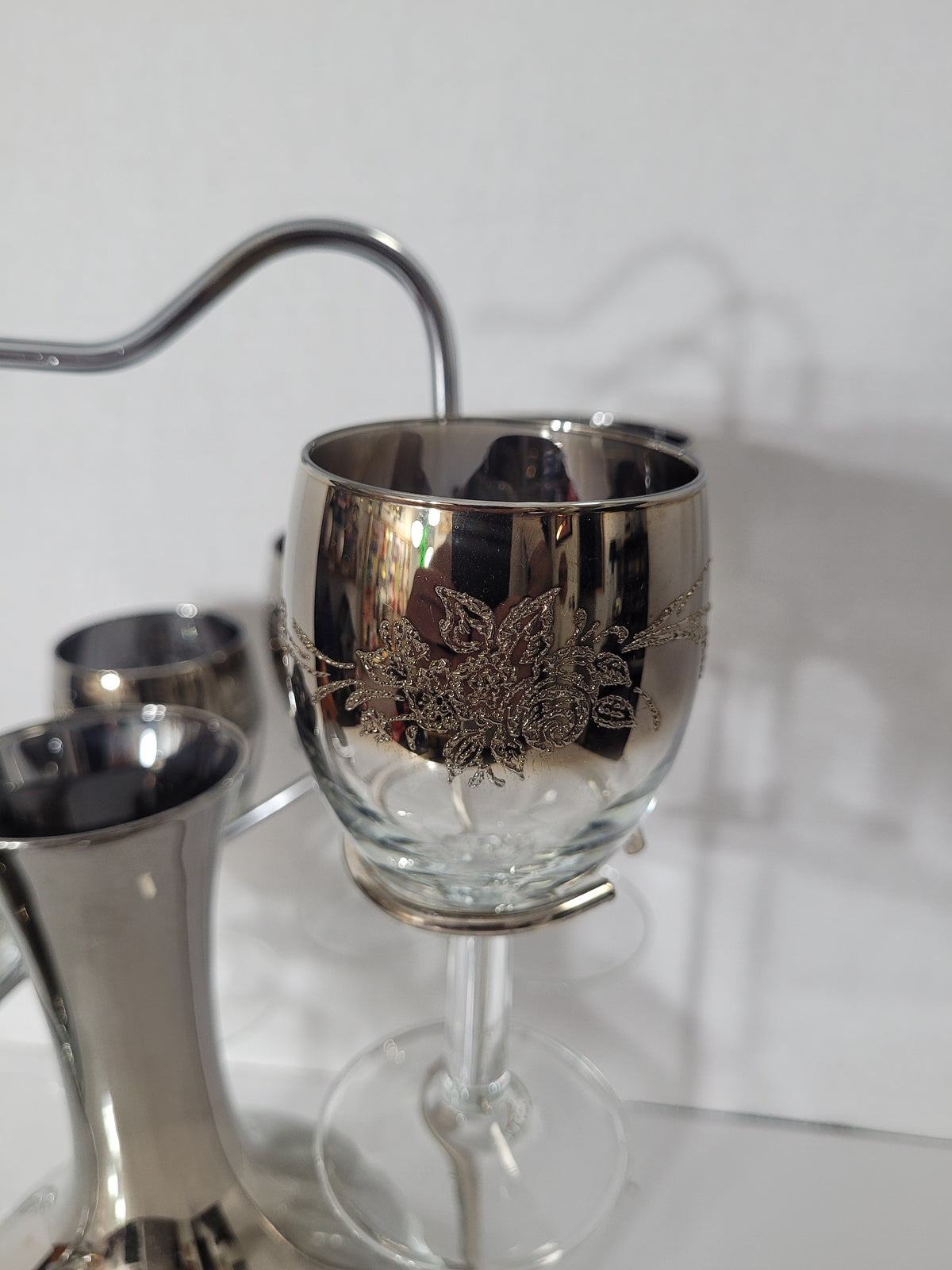 Vintage Silver Floral Decanter & 6 Goblets with Chrome Caddy