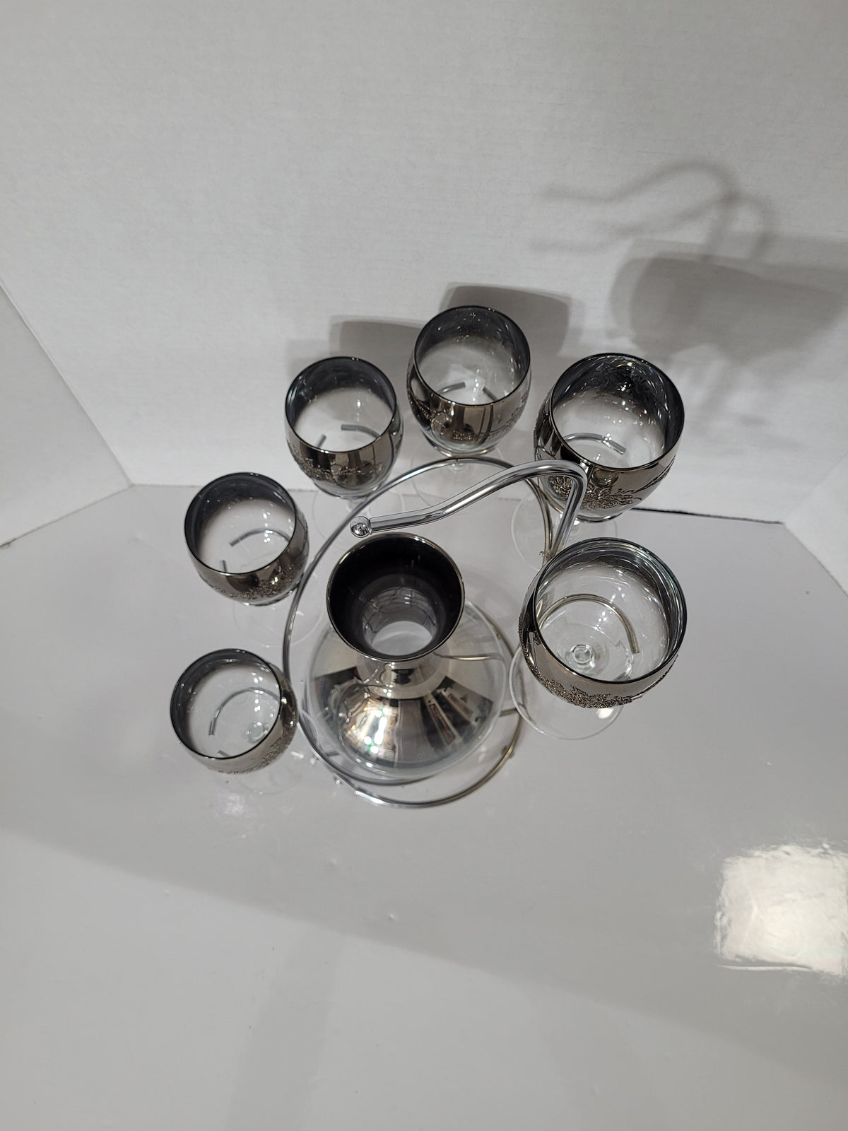 Vintage Silver Floral Decanter & 6 Goblets with Chrome Caddy