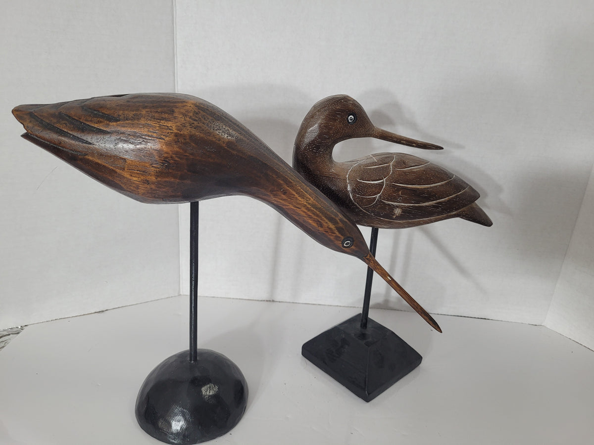 Pair of Handmade Wooden Shorebird Sculptures on Stands