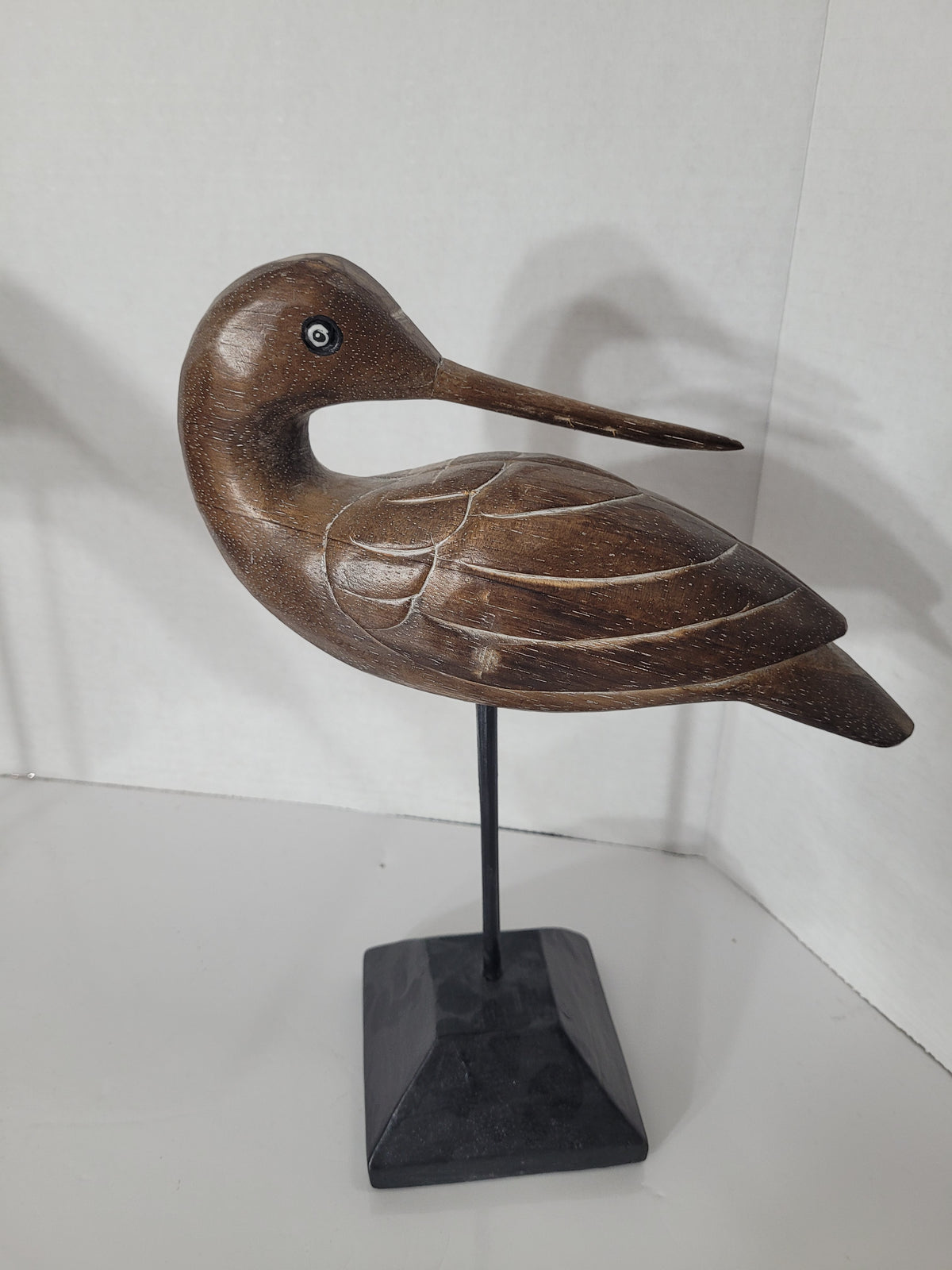Pair of Handmade Wooden Shorebird Sculptures on Stands