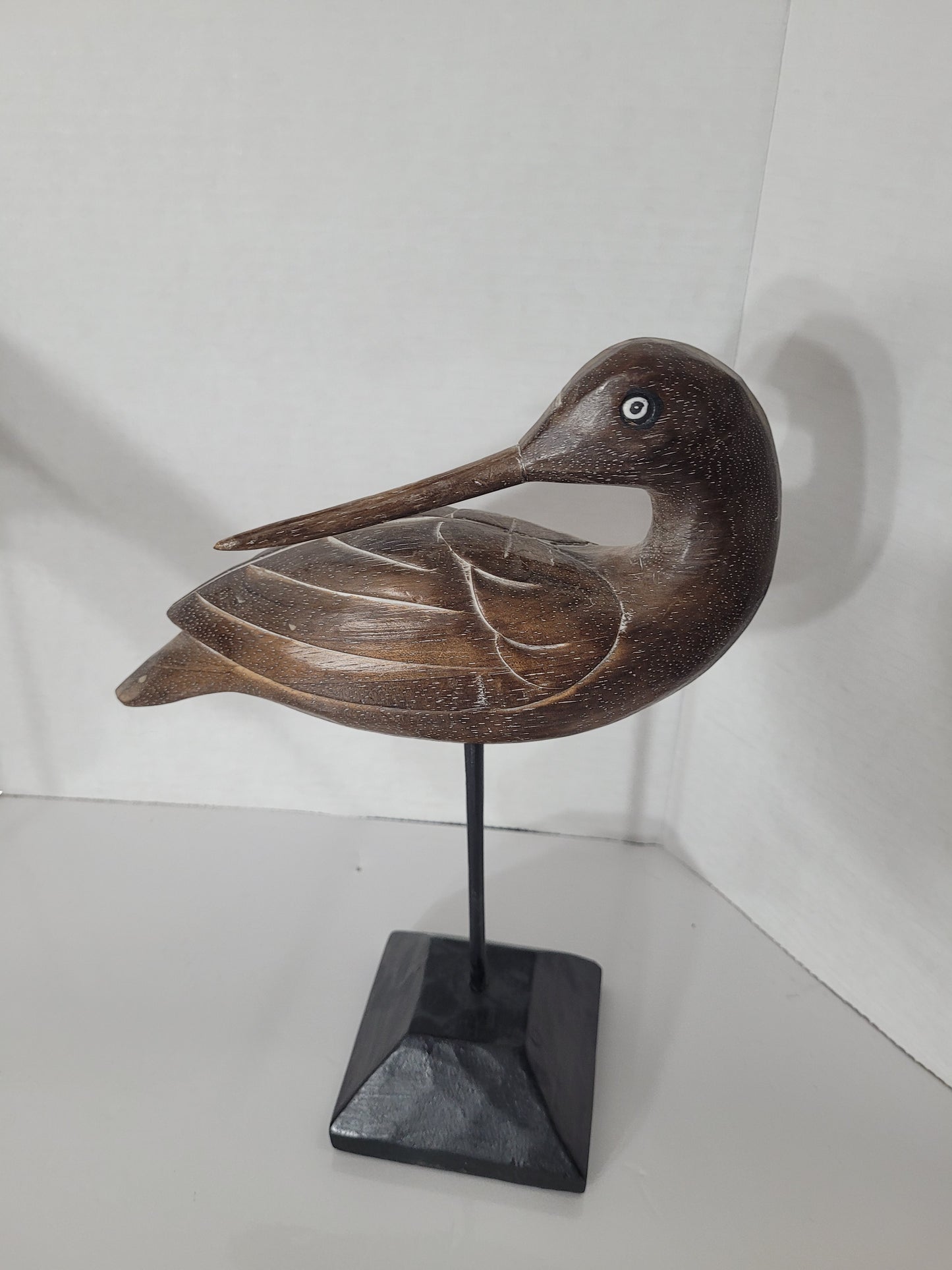 Pair of Handmade Wooden Shorebird Sculptures on Stands