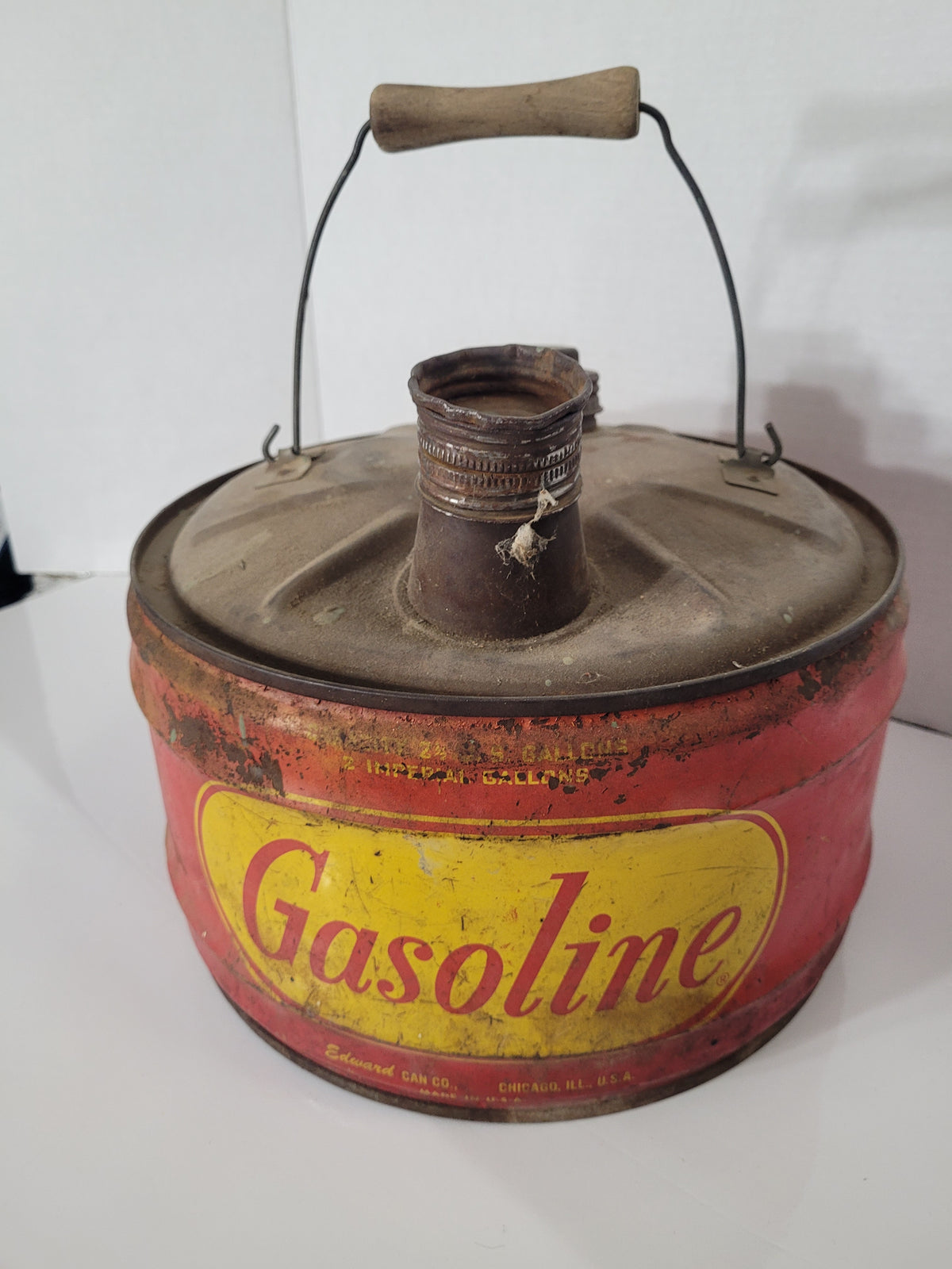 Vintage Edward Can Co. 2 Gallon Gasoline Can – Red & Yellow Petroliana