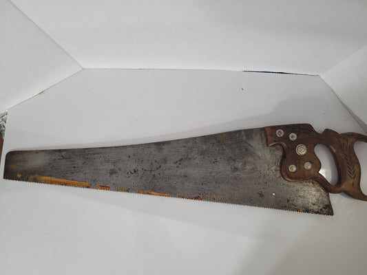 Vintage Eaton’s Hand Saw – 28.5" Steel Blade – Decorative Wood Handle – Canadian Tool Collectible
