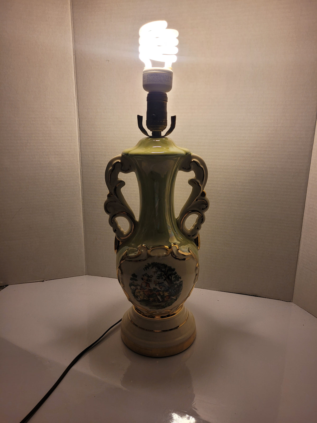 Vintage Porcelain Table Lamp – Green & Gold Courting Couple – Ornate Scroll Handles – 17"