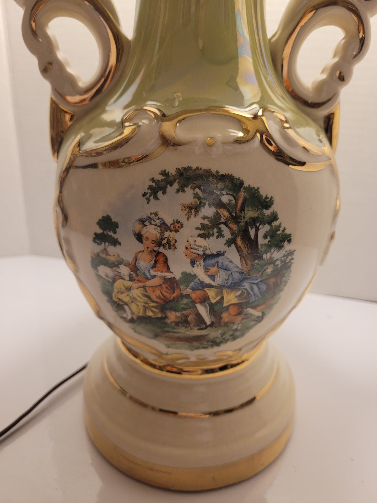 Vintage Porcelain Table Lamp – Green & Gold Courting Couple – Ornate Scroll Handles – 17"