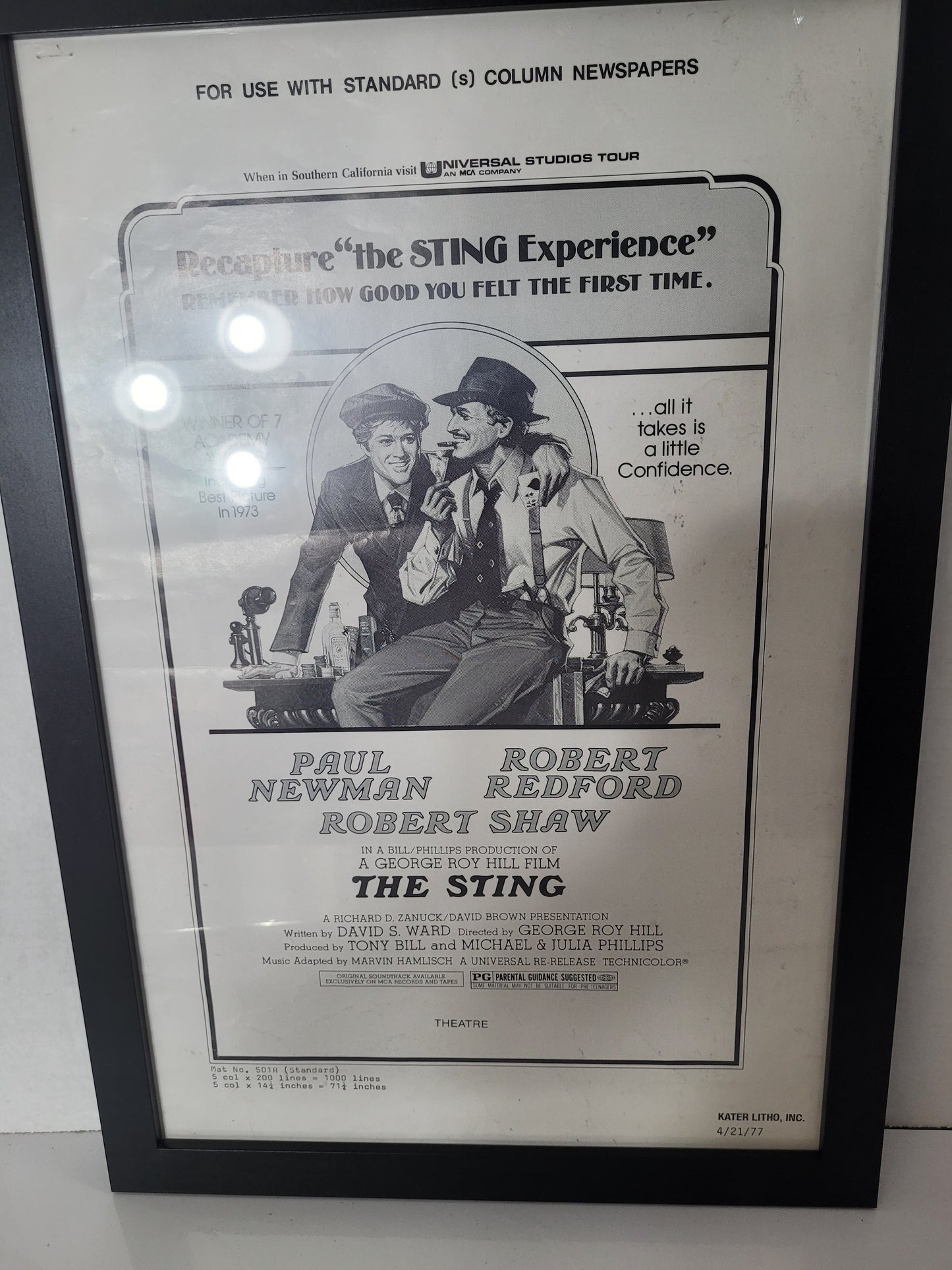 Vintage 1977 “The Sting” Newspaper Advertising Slick – Paul Newman & Robert Redford – Framed 13.5" x 19.5"
