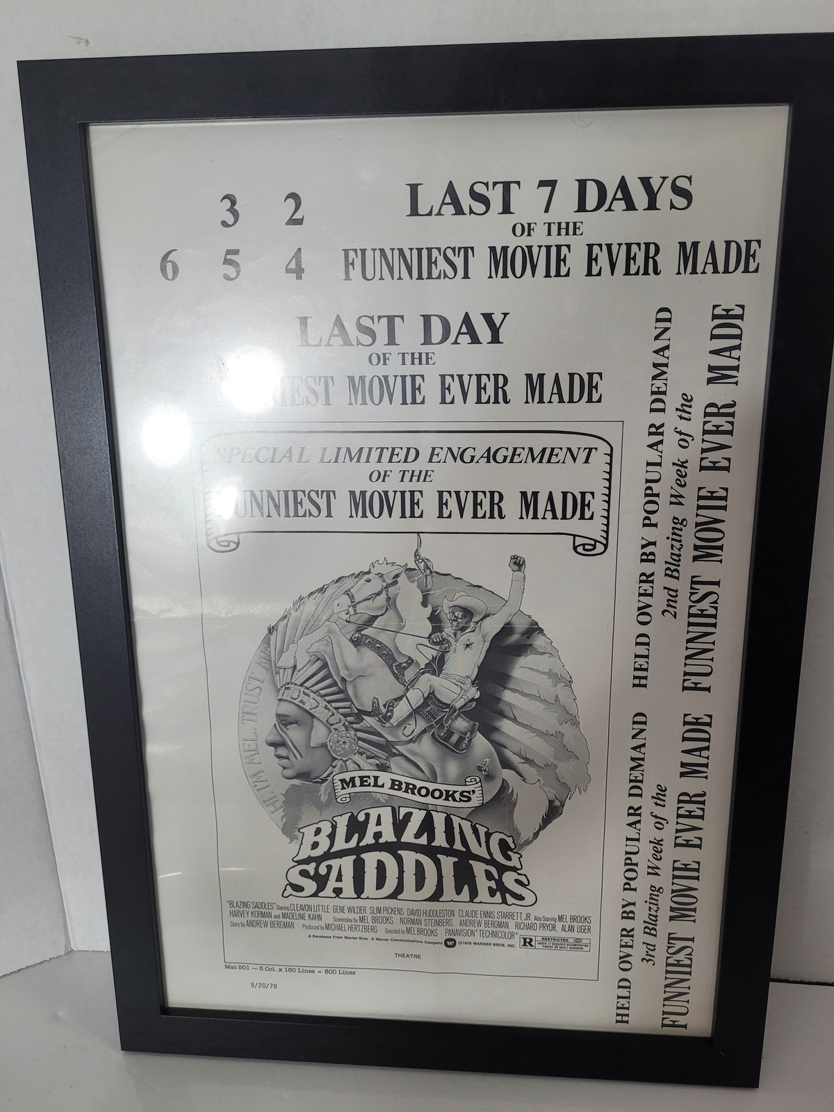 Vintage 1978 Mel Brooks “Blazing Saddles” Newspaper Advertising Proof – Framed – 13.5" x 19.5"