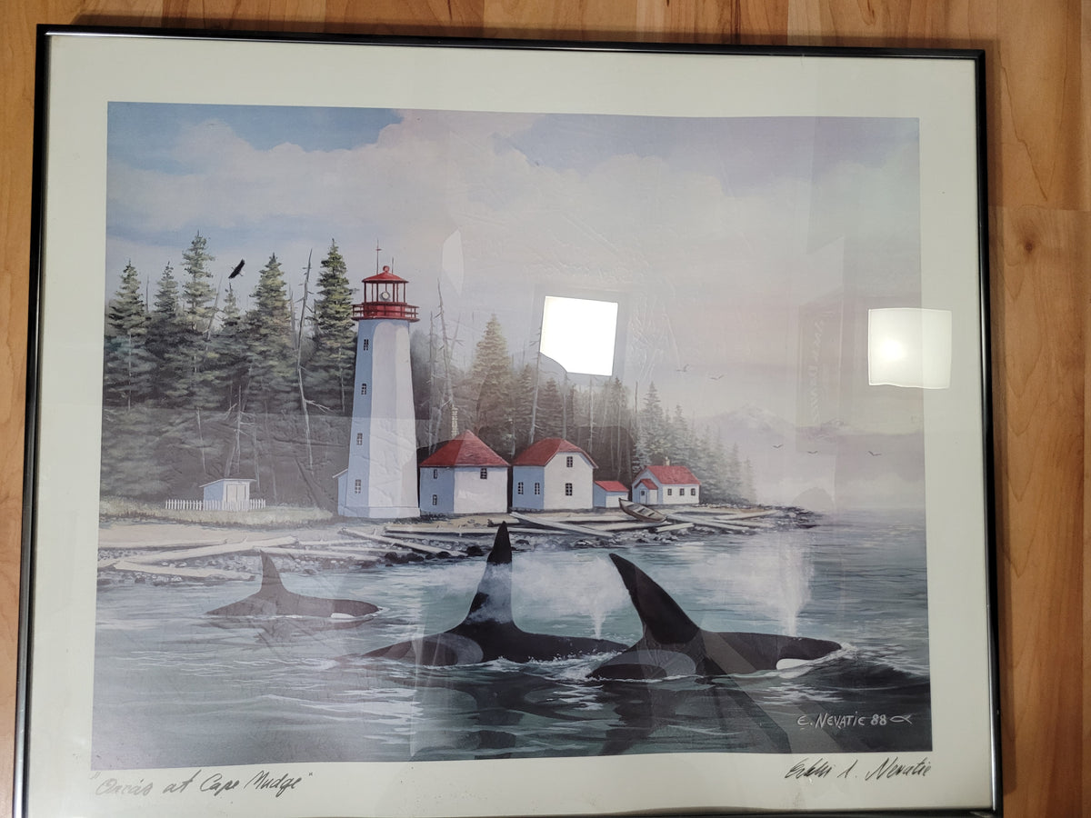 Vintage Edward A. Nevatie “Orcas at Cape Mudge” Framed Print – 22" x 18"