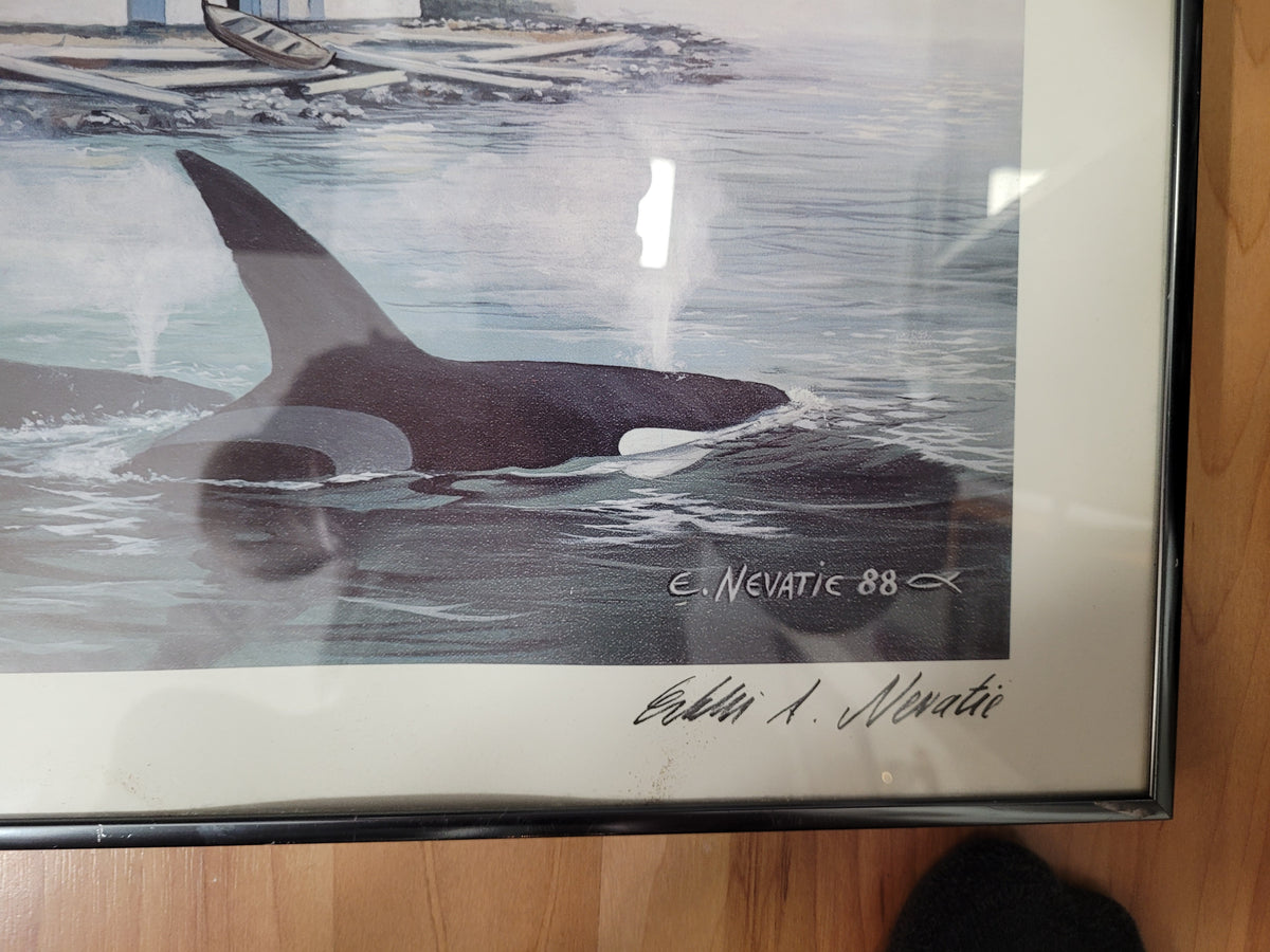 Vintage Edward A. Nevatie “Orcas at Cape Mudge” Framed Print – 22" x 18"