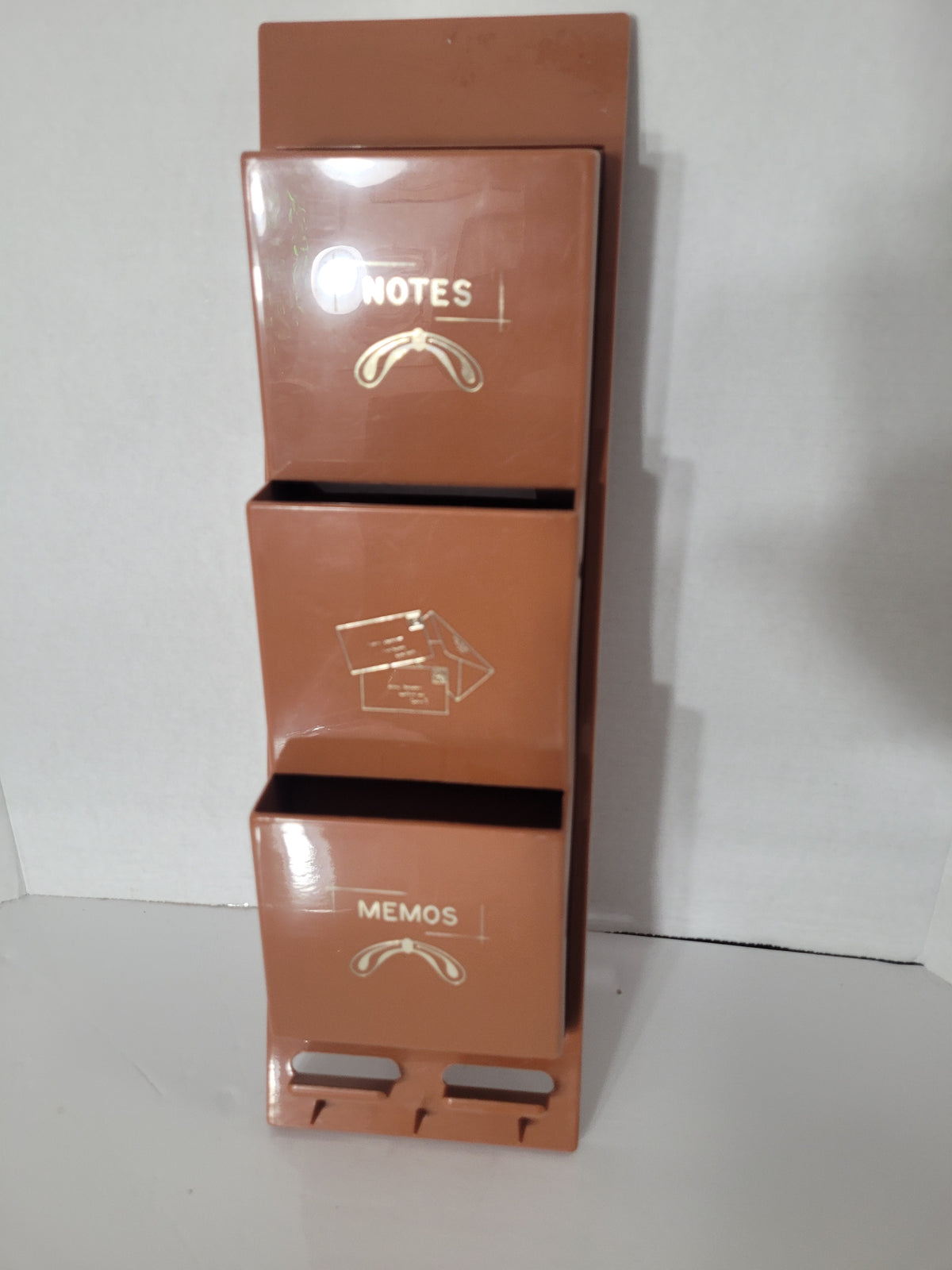 Vintage B&W Wall-Mount Notes & Memos Organizer – Brown Plastic – 5.5" × 17.5"