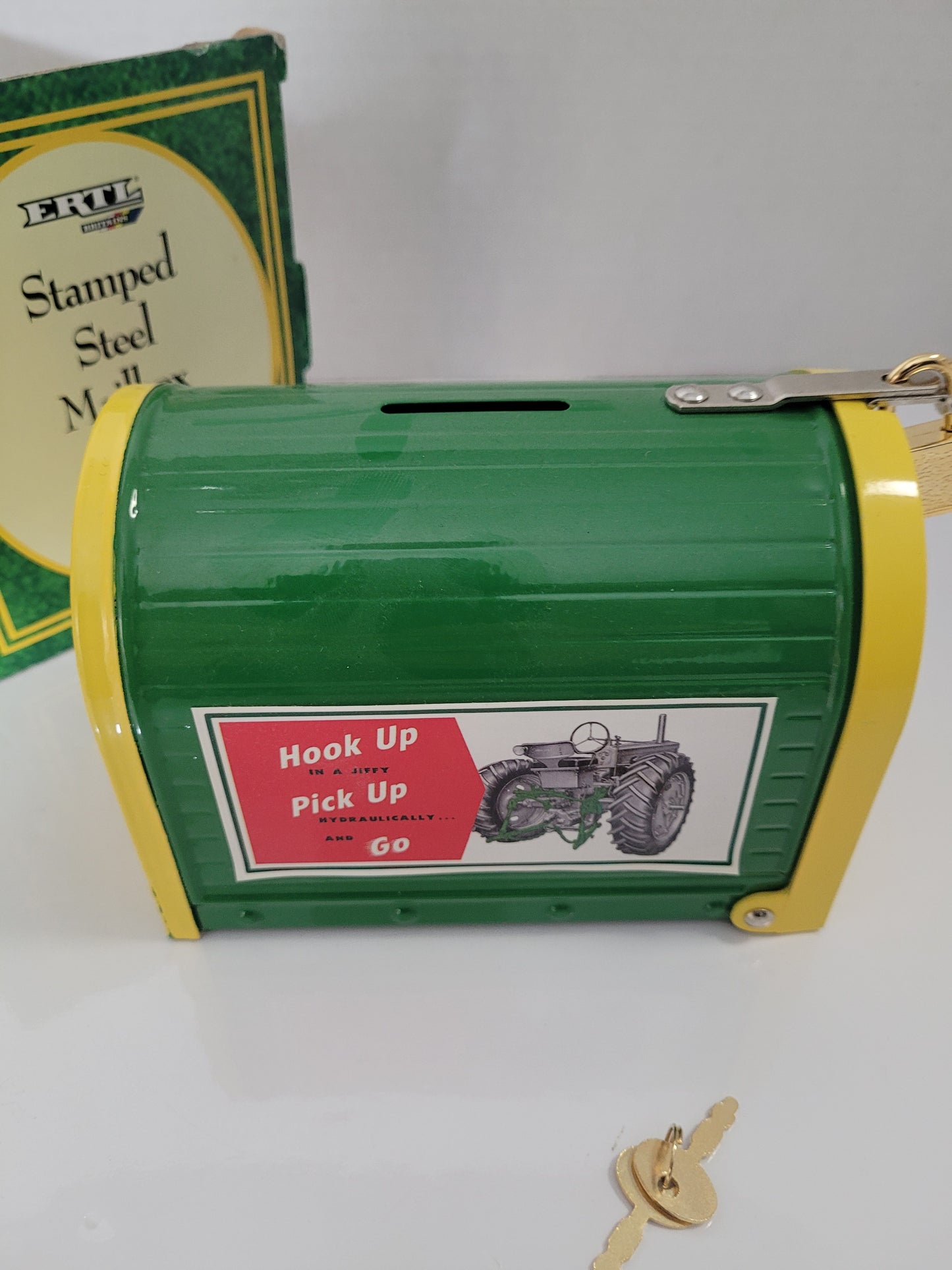 2003 John Deere ERTL Stamped Steel Mailbox Coin Bank with Keys & Original Box