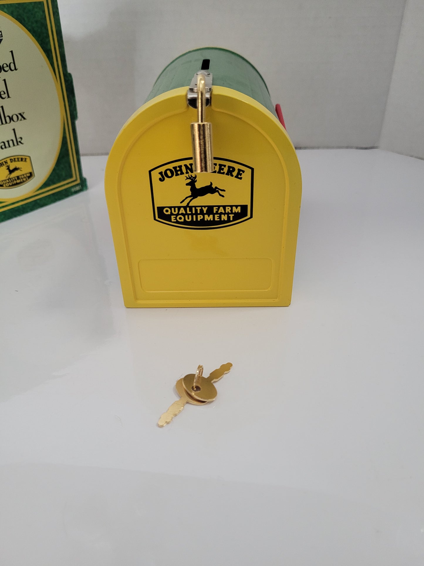 2003 John Deere ERTL Stamped Steel Mailbox Coin Bank with Keys & Original Box