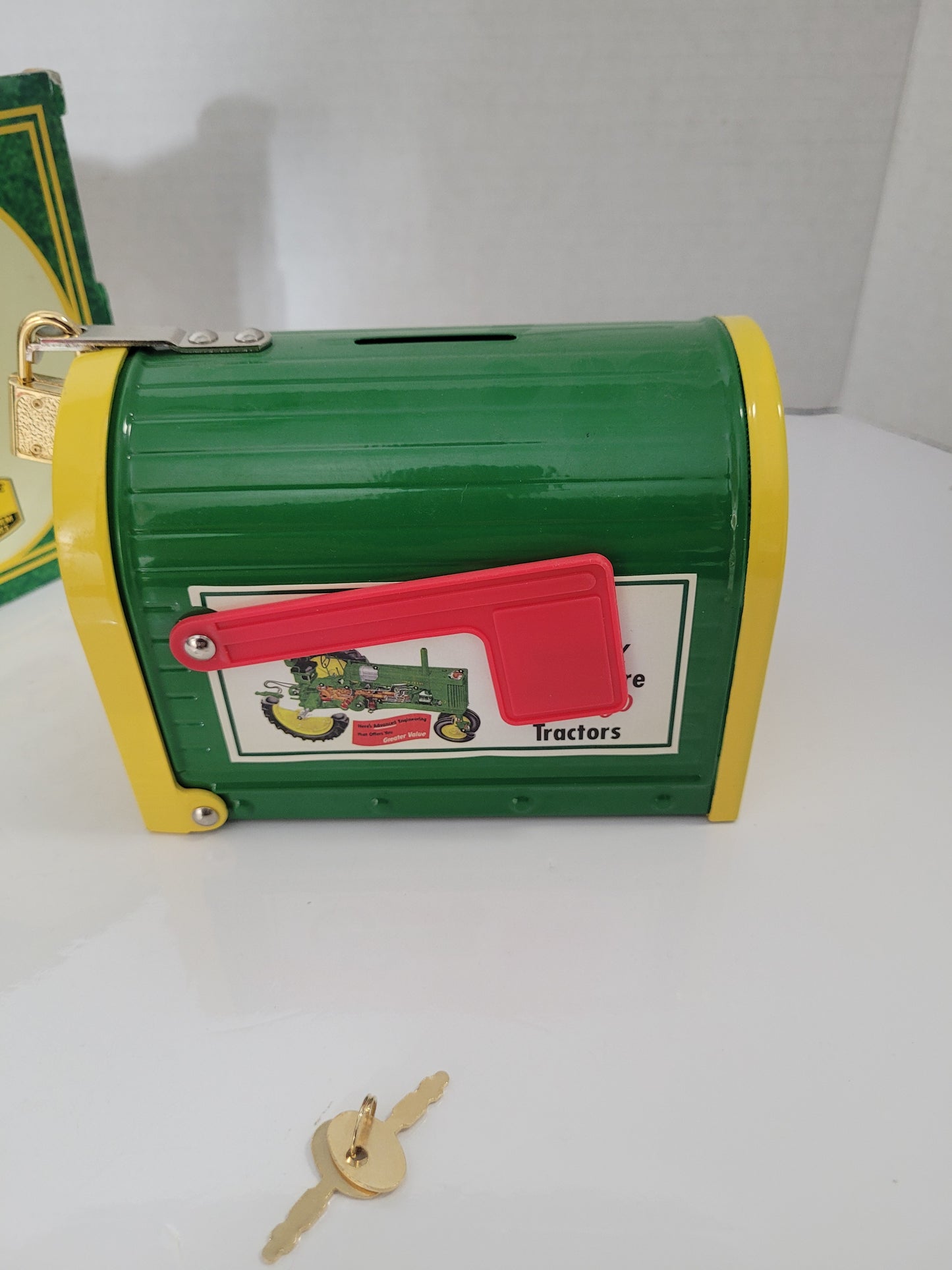 2003 John Deere ERTL Stamped Steel Mailbox Coin Bank with Keys & Original Box