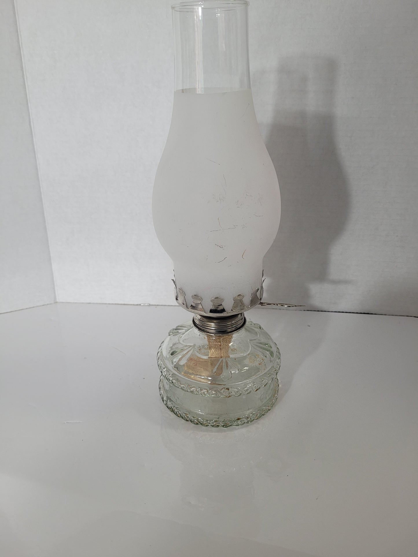 Vintage Clear Pressed Glass Miniature Oil Lamp with Frosted Chimney