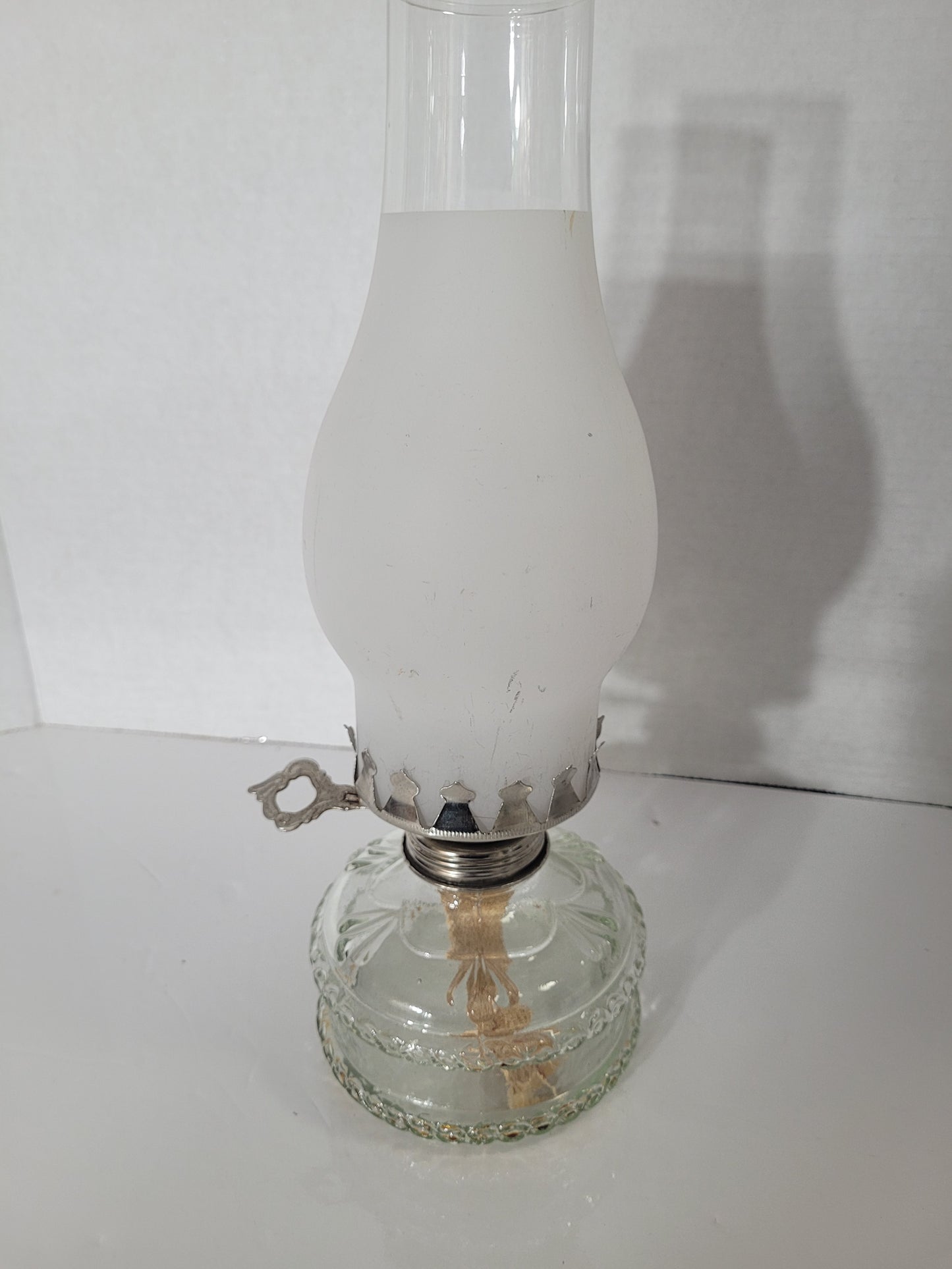 Vintage Clear Pressed Glass Miniature Oil Lamp with Frosted Chimney