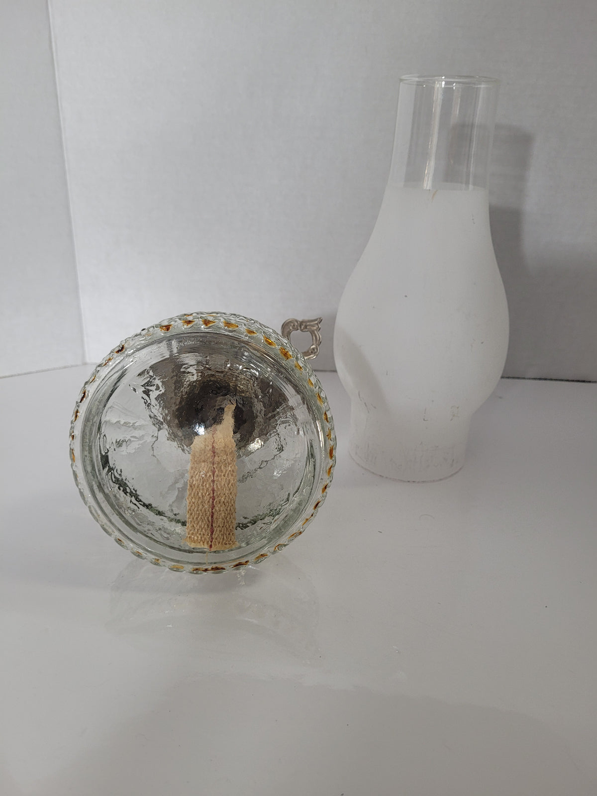 Vintage Clear Pressed Glass Miniature Oil Lamp with Frosted Chimney