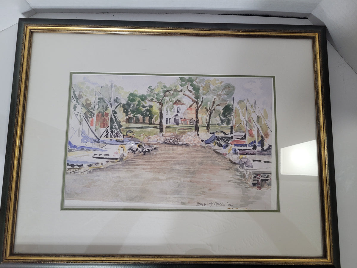 Suzi McArdle Signed Watercolor Marina Scene – 2002 – Framed 21" × 16"