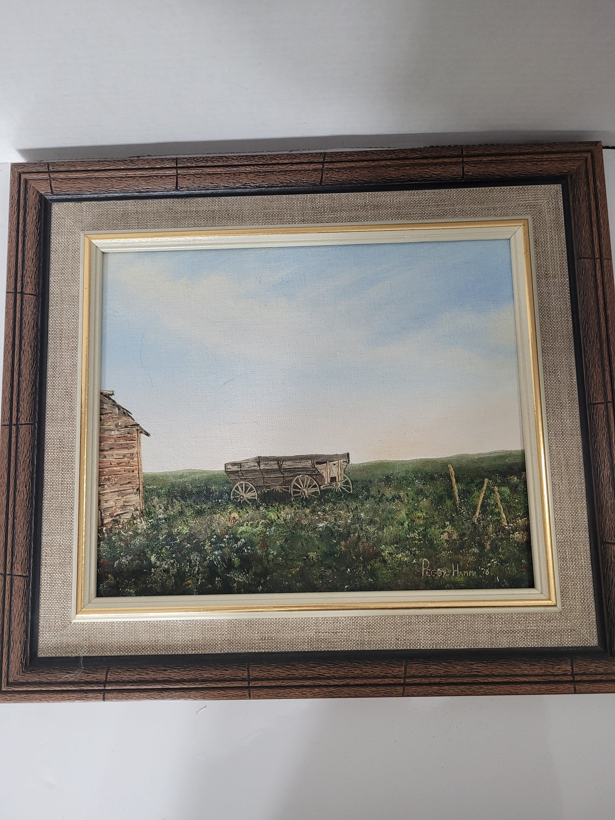 Peggy Hamm Signed 1976 Prairie Wagon Painting – Framed 16.5" × 14.5"