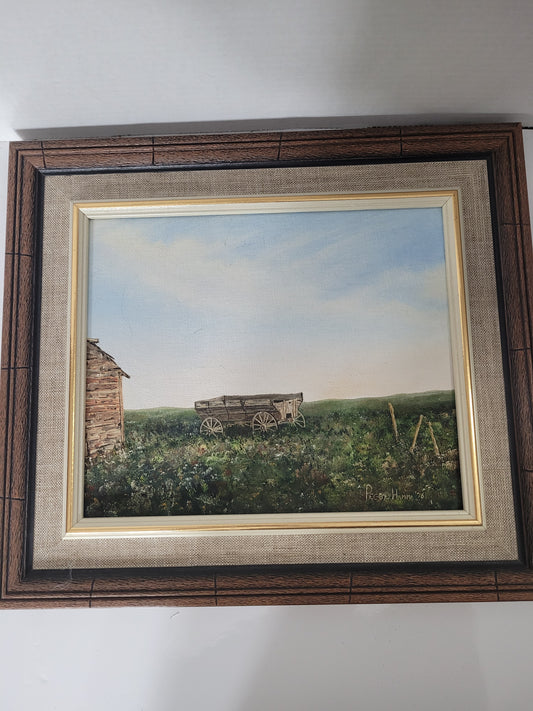 Peggy Hamm Signed 1976 Prairie Wagon Painting – Framed 16.5" × 14.5"