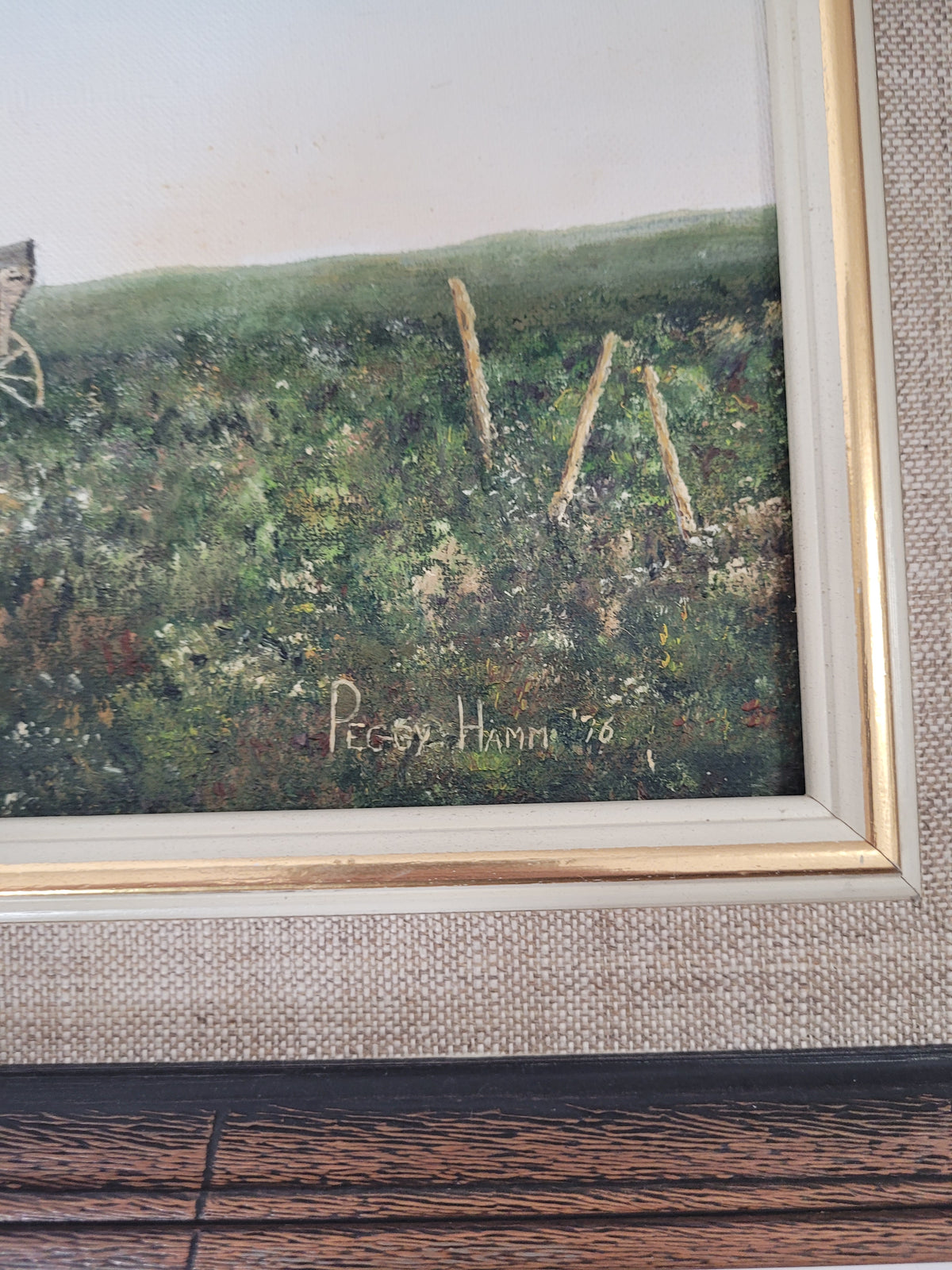 Peggy Hamm Signed 1976 Prairie Wagon Painting – Framed 16.5" × 14.5"