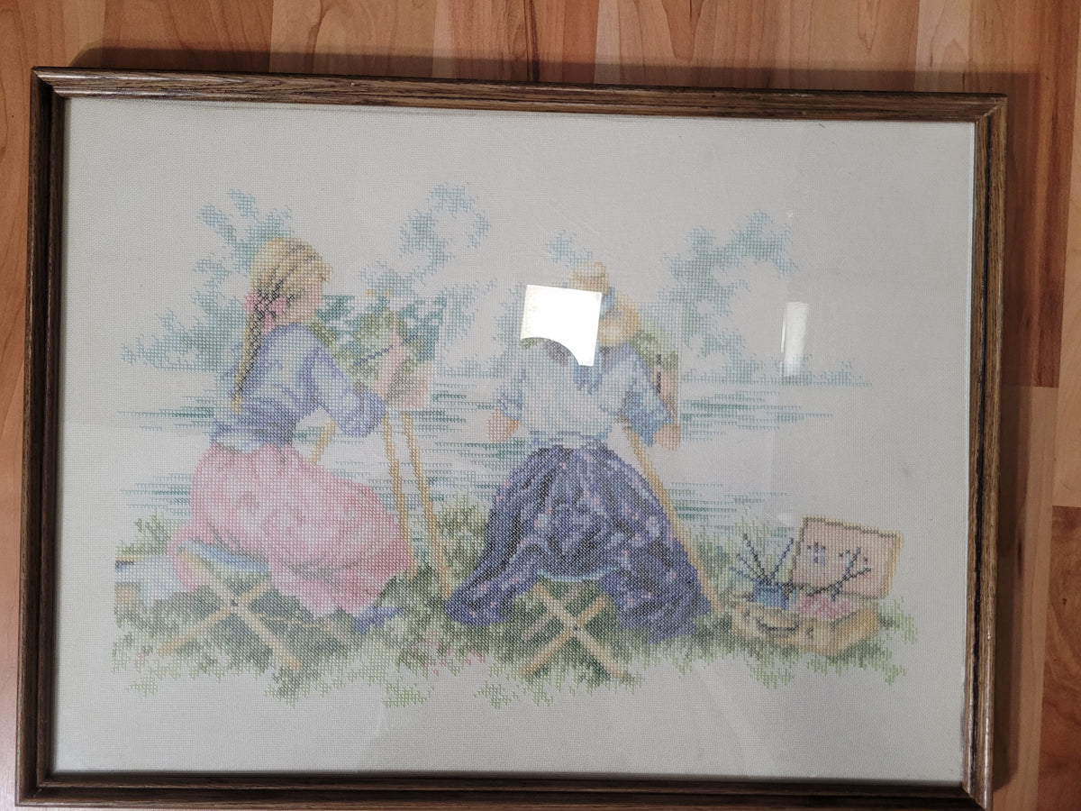 Vintage Framed Needlepoint / Cross-Stitch Art – Women Painting Outdoors – 21.5" x 16"