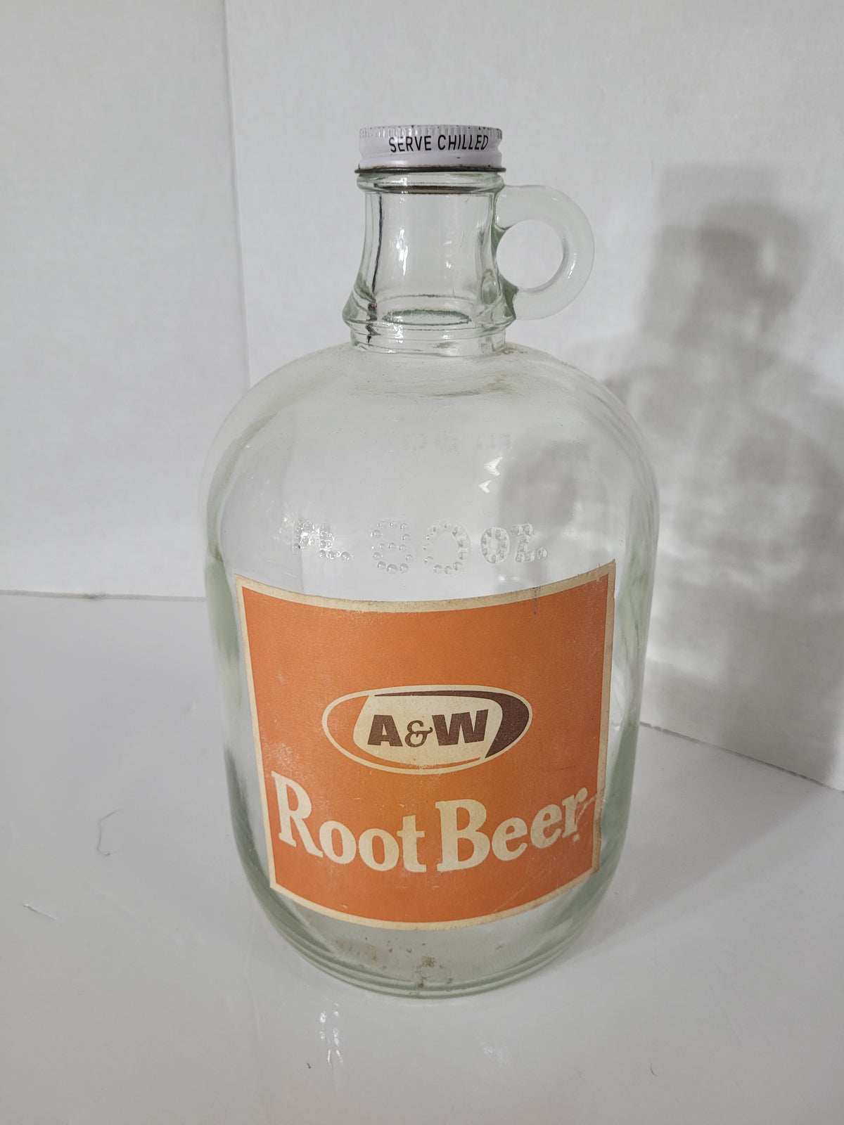 Vintage A&W Root Beer Glass Jug – Original Label & Cap – 80 fl. oz. – 9.5" x 5"