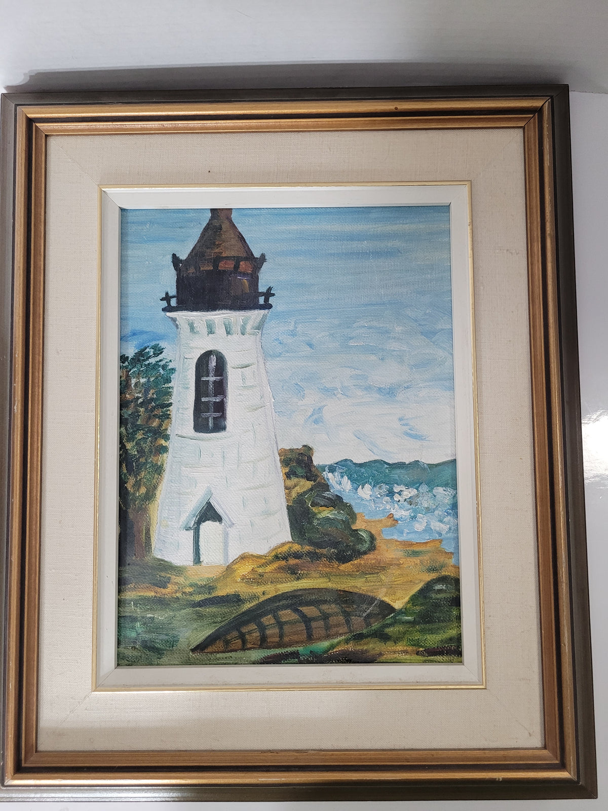 Vintage Framed Lighthouse Painting on Artist’s Canvas Board – 15.75" x 18"