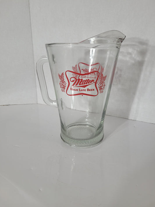 Vintage Miller High Life Heavy Glass Beer Pitcher – Red Logo Breweriana