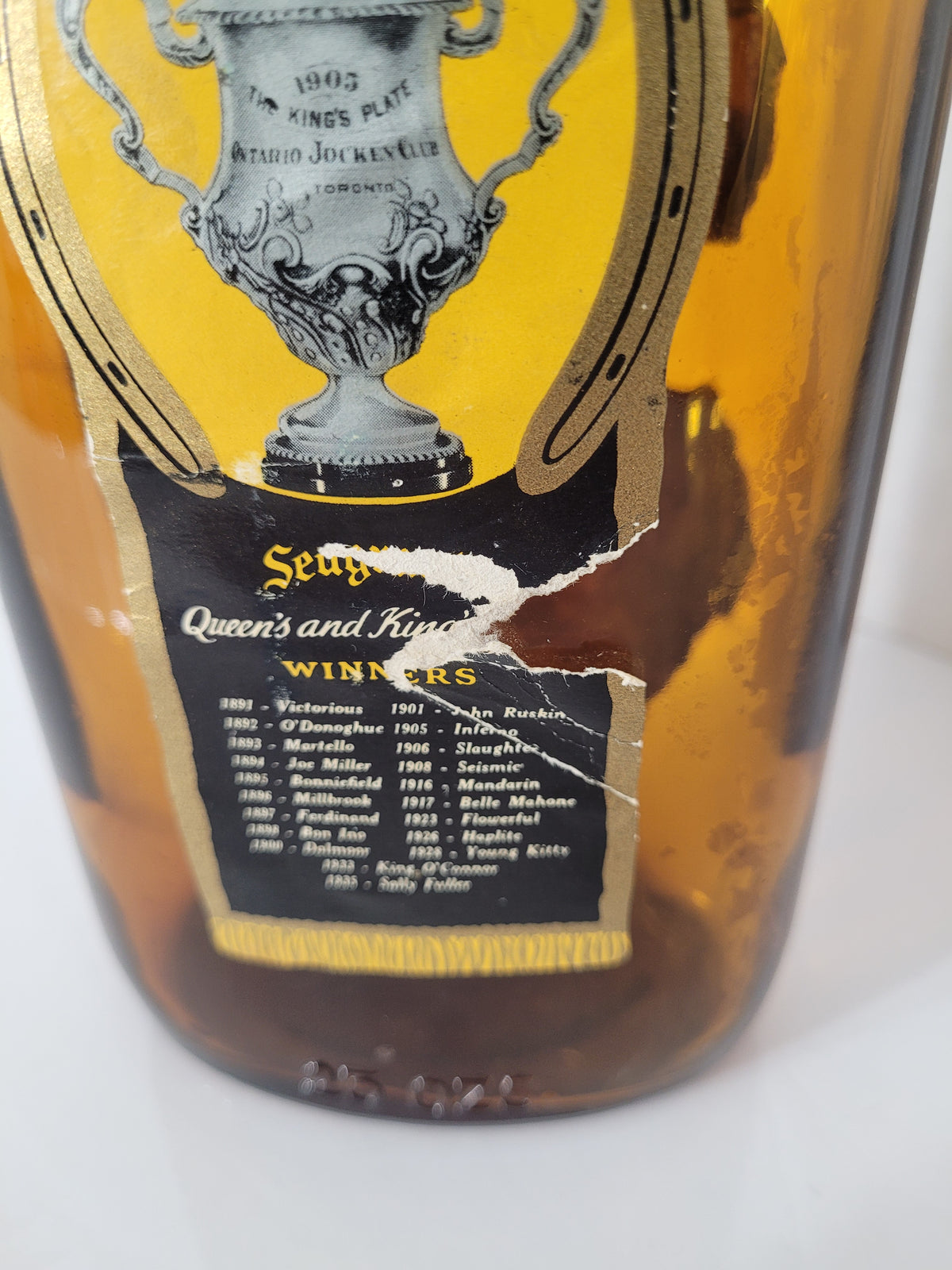 Vintage Seagram’s King’s Plate Canadian Rye Whisky Bottle – 1949 Tax Strip – Waterloo, Ontario