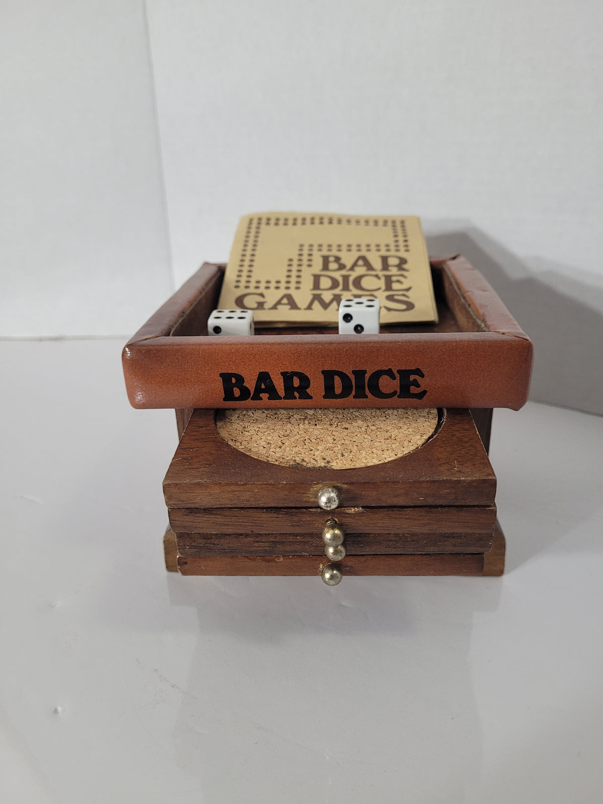Vintage 1979 Enesco Bar Dice Game Set with Wooden Coasters – Complete Barware Conversation Piece
