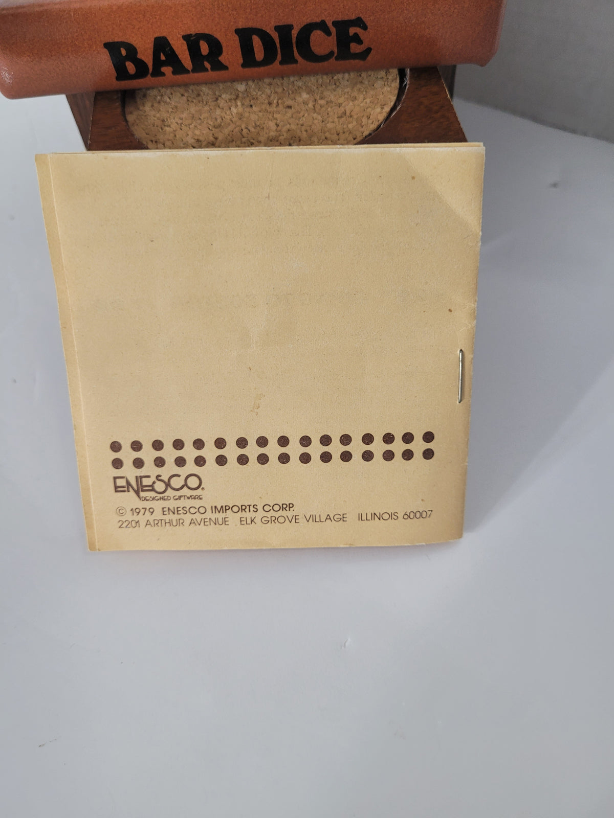 Vintage 1979 Enesco Bar Dice Game Set with Wooden Coasters – Complete Barware Conversation Piece