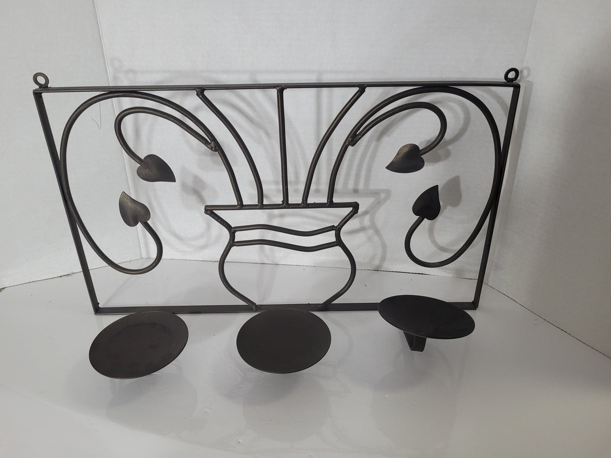 Vintage Wrought Iron Triple Candle Wall Sconce – Scroll & Leaf Design – 19"