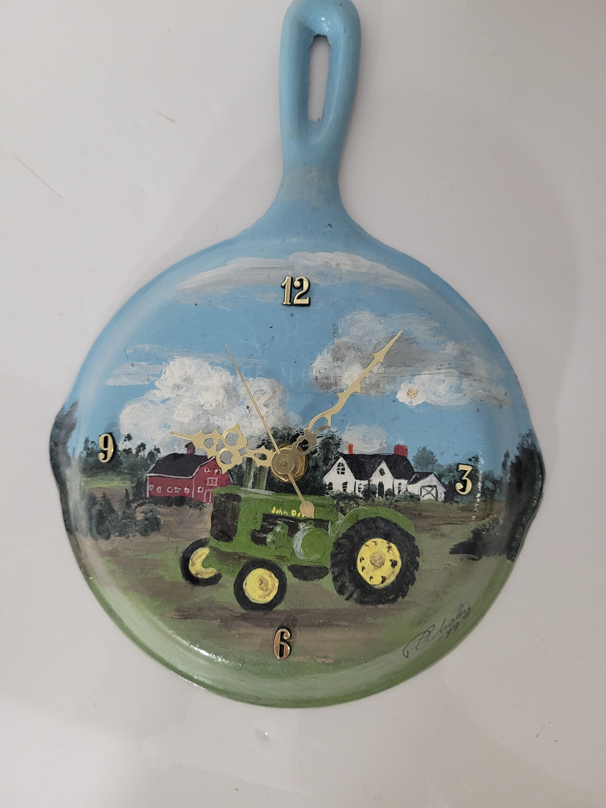 Hand-Painted John Deere Tractor Cast-Iron Skillet Wall Clock – Signed & Dated 1999 – Working