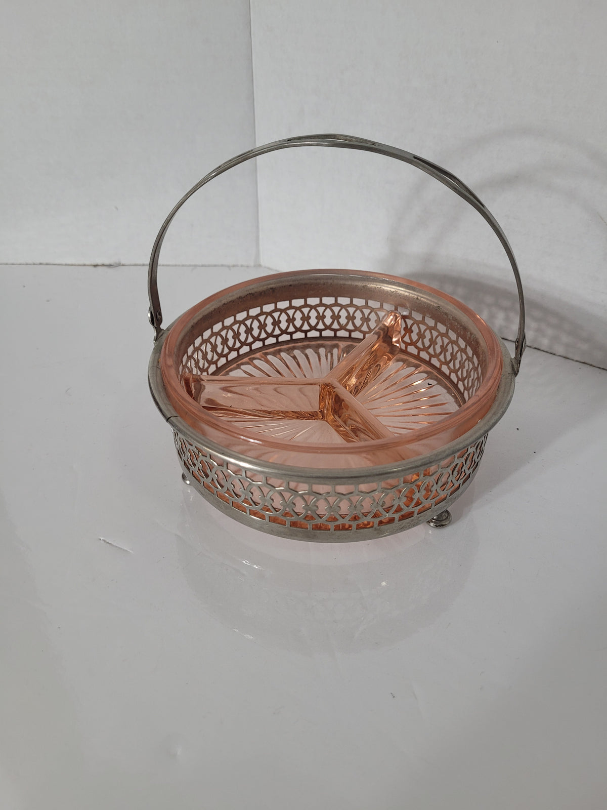 Vintage Pink Depression Glass 3-Part Relish Dish in Silverplate Basket – Handled Serving Piece